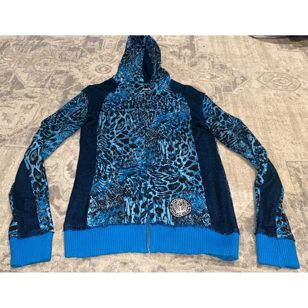 Rock & Roll Cowgirl Blue Black Zip‎ jacket Womens Sz Large Cotton
